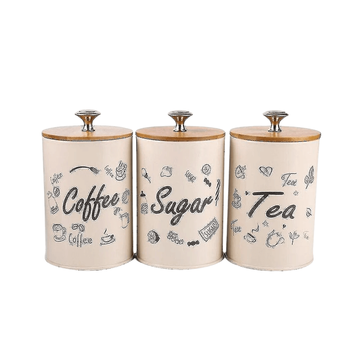 IRON & WOOD ROUND KITCHEN CONTAINER (WHITE) SET OF 3